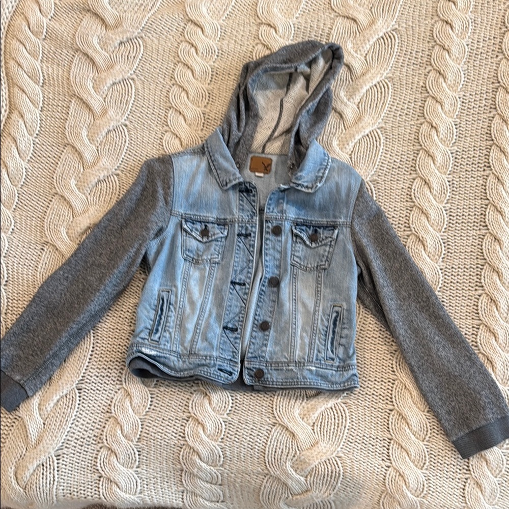 American Eagle Denim and Gray Hooded Jacket